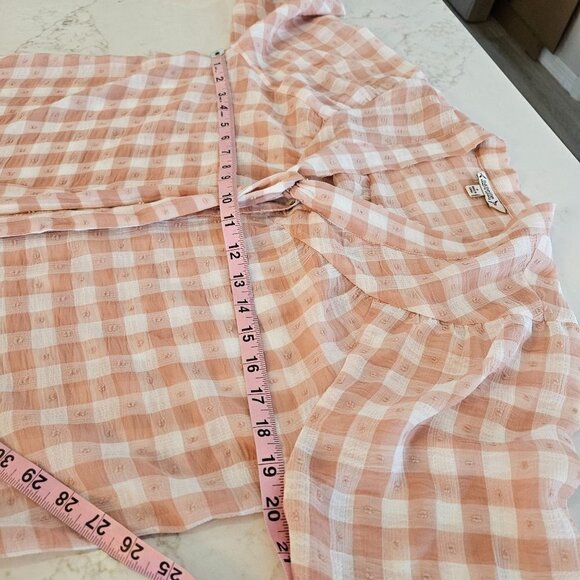 Nanette Lepore Size Small Tie V-Neck Soft Gingham Peach Swiss Dot L/S Blouse - Picture 11 of 13